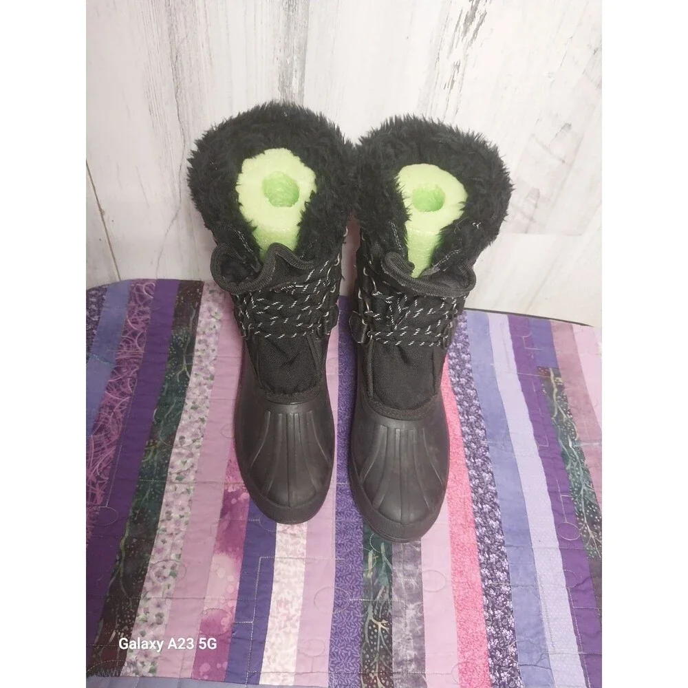 Sorel Kaufman Canada Black Rubber Nylon Winter Lined Snow Boots Womens Size 7